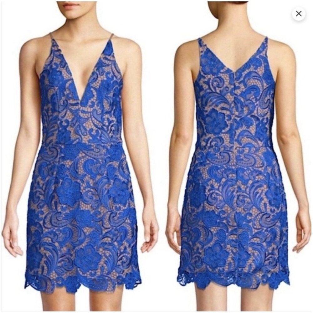 Dress the Population Plunging Lace Mini Dress Cobalt Blue Nude Size XS